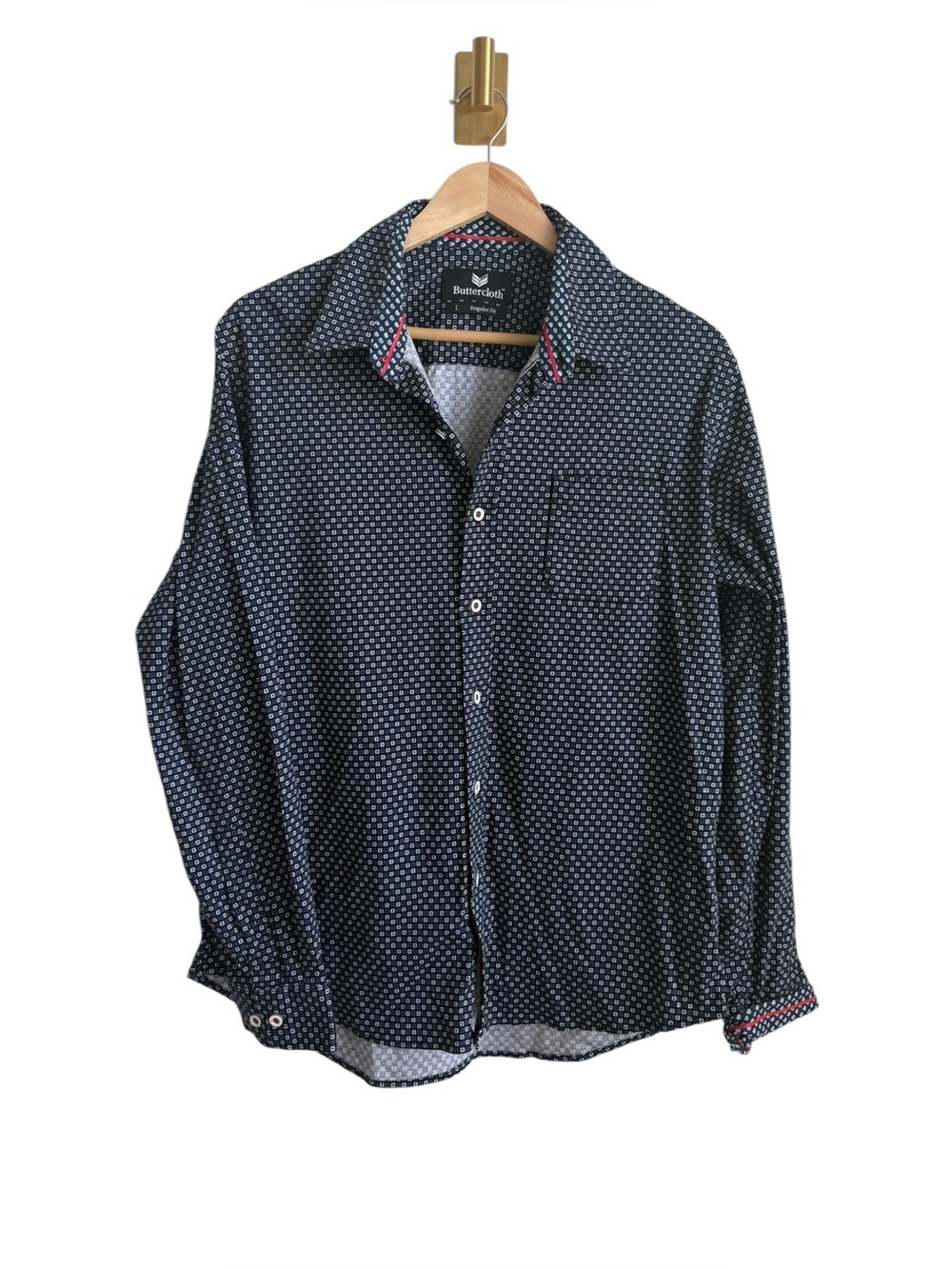 Buttercloth Mens L Navy Geometric Button Down Shirt Regular Fit Cotton Casual